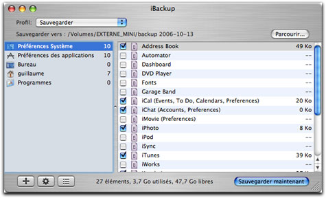 Sauvegarde des préférences avec iBackup